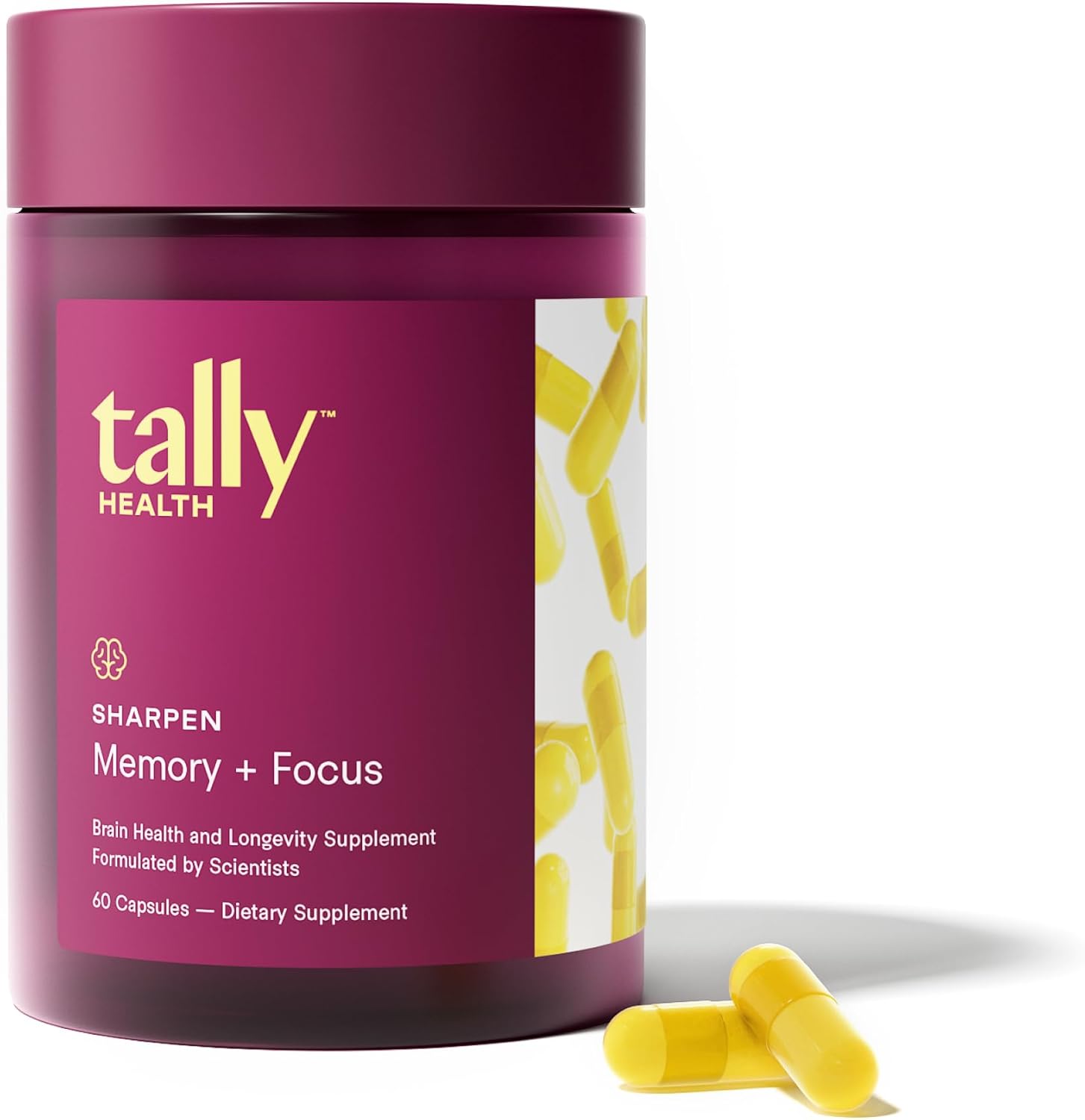 Tally Health Sharpen Brain Supplements for Memory and Focus | Taurine 1000mg, Choline & B-Complex Vitamins - Nootropic for Cellular Brain Health - Vegan, Non-GMO, Gluten Free | 60 Capsules