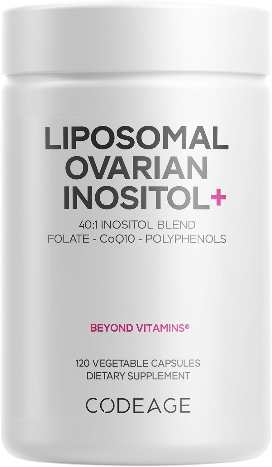 Codeage Liposomal Ovarian Inositol+ Supplement - Myo-Inositol & D-Chiro-Inositol 40:1 Blend, Folate 5-MTHF, CoQ10, Pomegranate & Wild Blueberry, Liposomal Delivery, Non-GMO, Gluten-Free - 120 Capsules