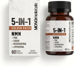 5-In-1 NAD+ Supplement | NMN + Resveratrol + CoQ10 + PQQ + Liposomal, NAD Supplement for Women & Men, Supports Cellular Energy, Heart, Brain and Healthy Aging –Third-Party Tested, 60 Vegan Capsules