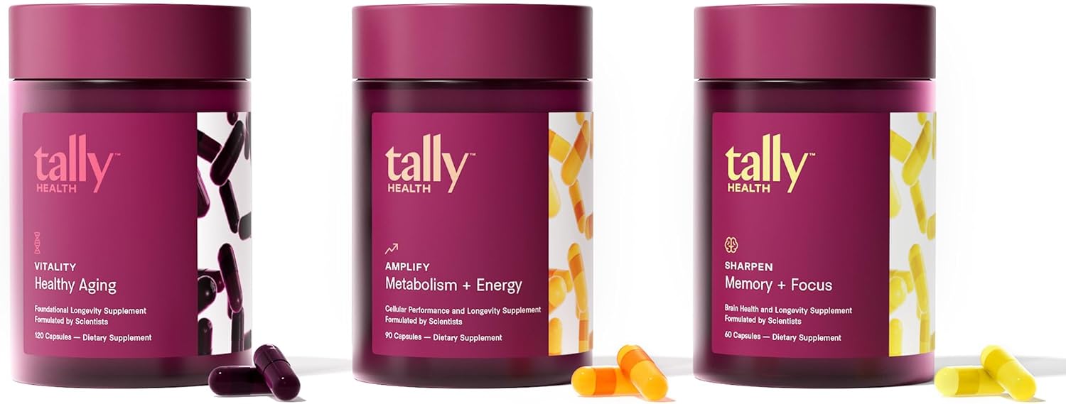 Tally Health Metabolic Health Stack - Vitality + Amplify + Sharpen | Daily Support for Energy, Focus, Cellular Function & Healthy Aging | Vegan, Non-GMO, Gluten Free | 30-Day Supply