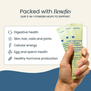 bird&be Triple Power Marine Collagen Powder | Hydrolyzed Peptides + Probiotics + NAD+ Precursor (NR) | Anti-Aging Skin, Hair, Nails & Gut Health & Cellular Energy | Unflavored Stick Packs