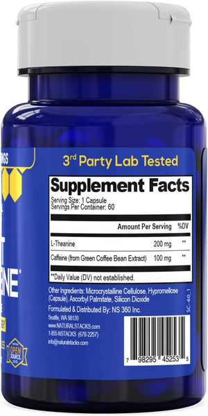 NATURAL STACKS Smart Caffeine Pills - 100mg Caffeine + 200mg L-Theanine Supplement - Supports Energy and Focus - No Jitters and No Crash - 60 Capsules
