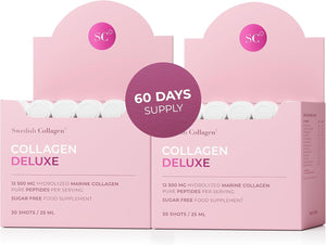 Swedish Collagen Deluxe, 12,500 mg Hydrolyzed Marine Collagen Liquid Supplement - 30 x 25 ml Daily Shots | Hyaluronic Acid, Biotin & Vitamin C for Healthy Hair, Skin, Nails & Joints | Sugar-Free