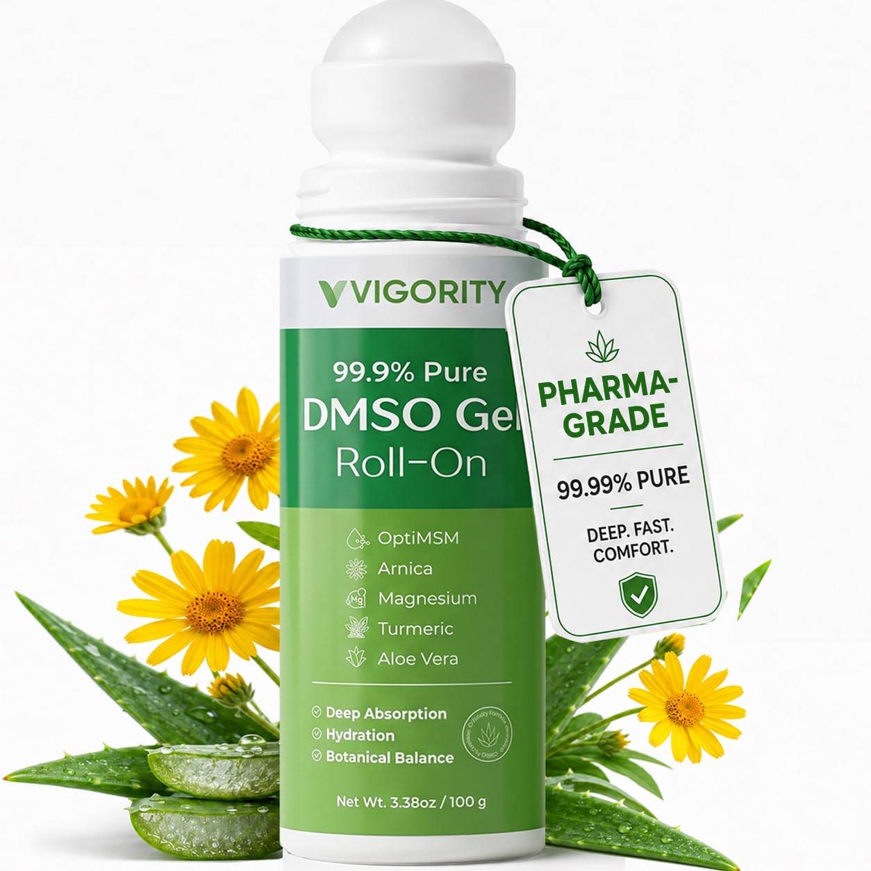 Vigority 99.9% Pure DMSO Roll-On Gel - Premium Skin Conditioning Cream with Aloe Vera, Magnesium, MSM & Botanical Extracts - Fast-Absorbing, Non-Greasy Daily Skin Care - 3.53 oz (100g)