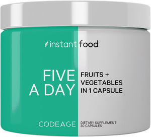 Codeage Instantfood Five A Day, Fruits and Veggies Nutrients, 30 Capsules | Whole-food phytonutrient equivalent of 5 servings of fruits and veggies from 15 sources, one capsule. . Vegan, non-GMO.