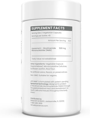 Renue By Science NMN Supplement | 90 Liposomal NMN Capsules - 500mg NMN Nicotinamide Mononucleotide per Serving | Bioavailable Formula for Increased Absorption | Manufactured in the USA