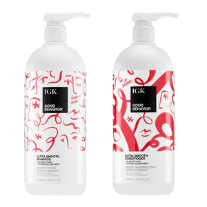IGK GOOD BEHAVIOR Ultra Smooth Shampoo & Conditioner Set + Travel Size Packettes | Frizz Control + Shine | Vegan + Cruelty-Free | 8 oz (Pack of 2)