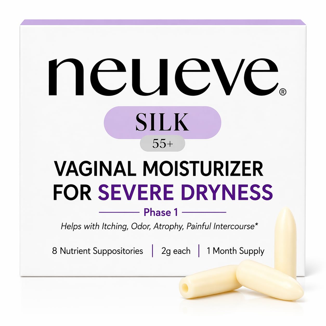NeuEve Silk Vaginal Moisturizer for Menopause Relief | Long-Lasting Support for Women 55+ with Severe Dryness, Itching, Odor, & Irritation | All-Natural Hormone-Free | Phase 1 | 8ct, 1-Month Supply
