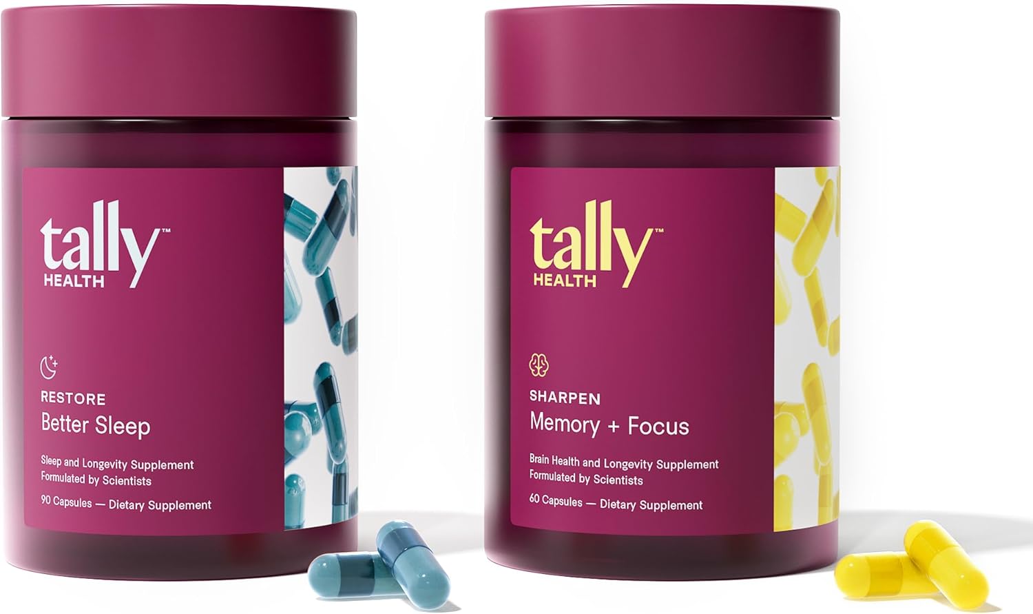 Tally Health Cognitive Lift Bundle - Deep Restorative Sleep & Sharper Memory, Focus & Brain Aging Support with Restore (30-Day Supply, 90 Caps) + Sharpen (30-Day Supply)