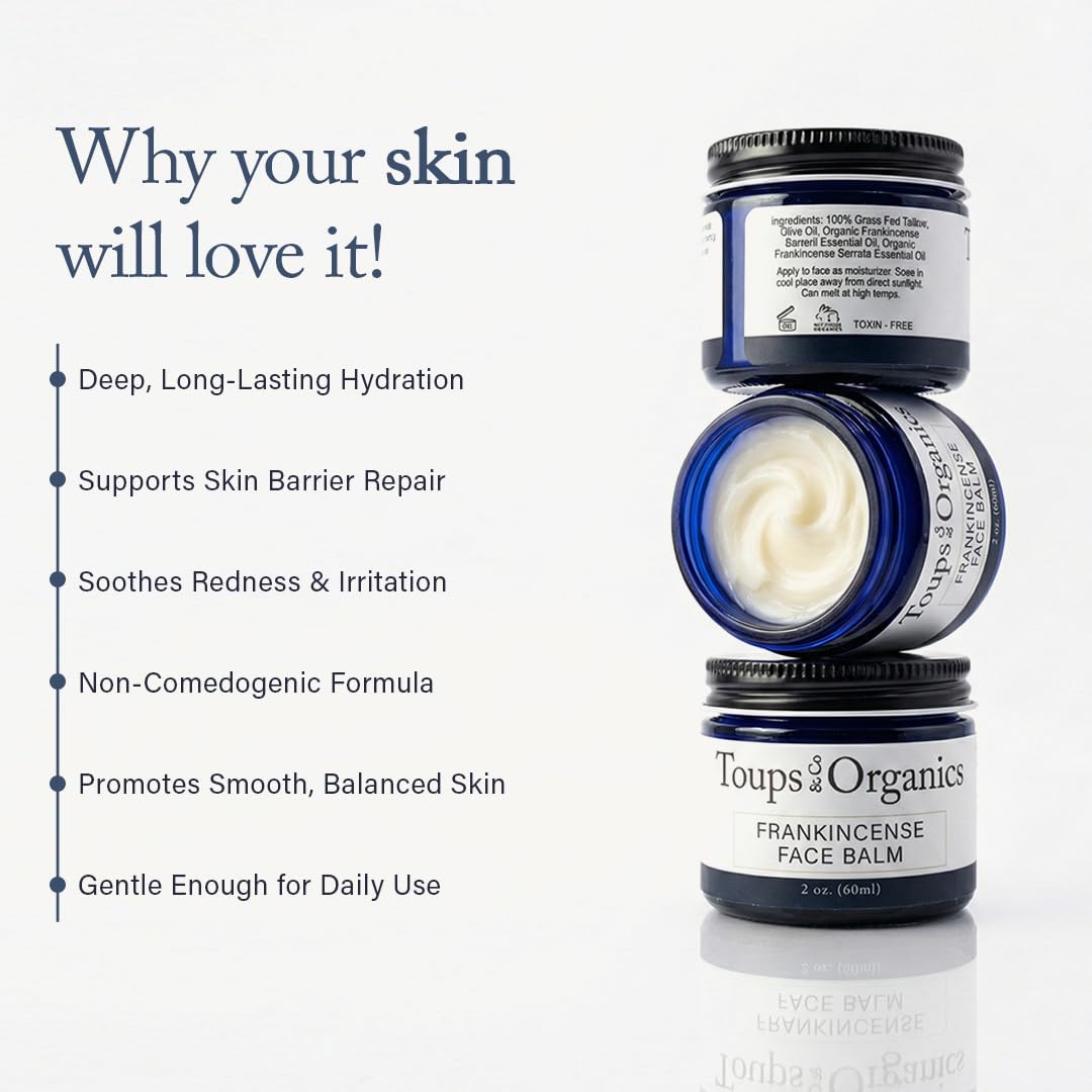 Toups & Co Frankincense Face Balm | Grass-Fed Tallow Moisturizer for Barrier Repair | Deeply Nourishing, Non-Comedogenic | With Organic Frankincense & Olive Oil | For Dry, Sensitive Skin