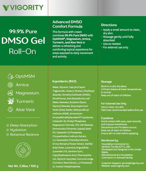 Vigority 99.9% Pure DMSO Roll-On Gel - Premium Skin Conditioning Cream with Aloe Vera, Magnesium, MSM & Botanical Extracts - Fast-Absorbing, Non-Greasy Daily Skin Care - 3.53 oz (100g)