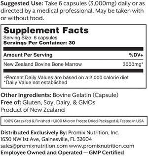 ProMix Nutrition Grass-Fed Beef Bone Marrow Supplement | Rich in Collagen, Vitamins & Minerals - Raw & Freeze Dried | - 180 Gelatin Capsules