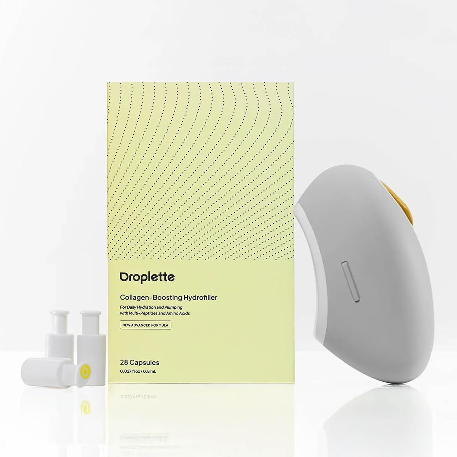 Droplette Ultra Starter Set – Patented Micro-Infuser Skincare Device with Collagen Hydrofiller Capsules for Hydration & Plumping – Dove Grey Device with 28 Single-Use Capsules