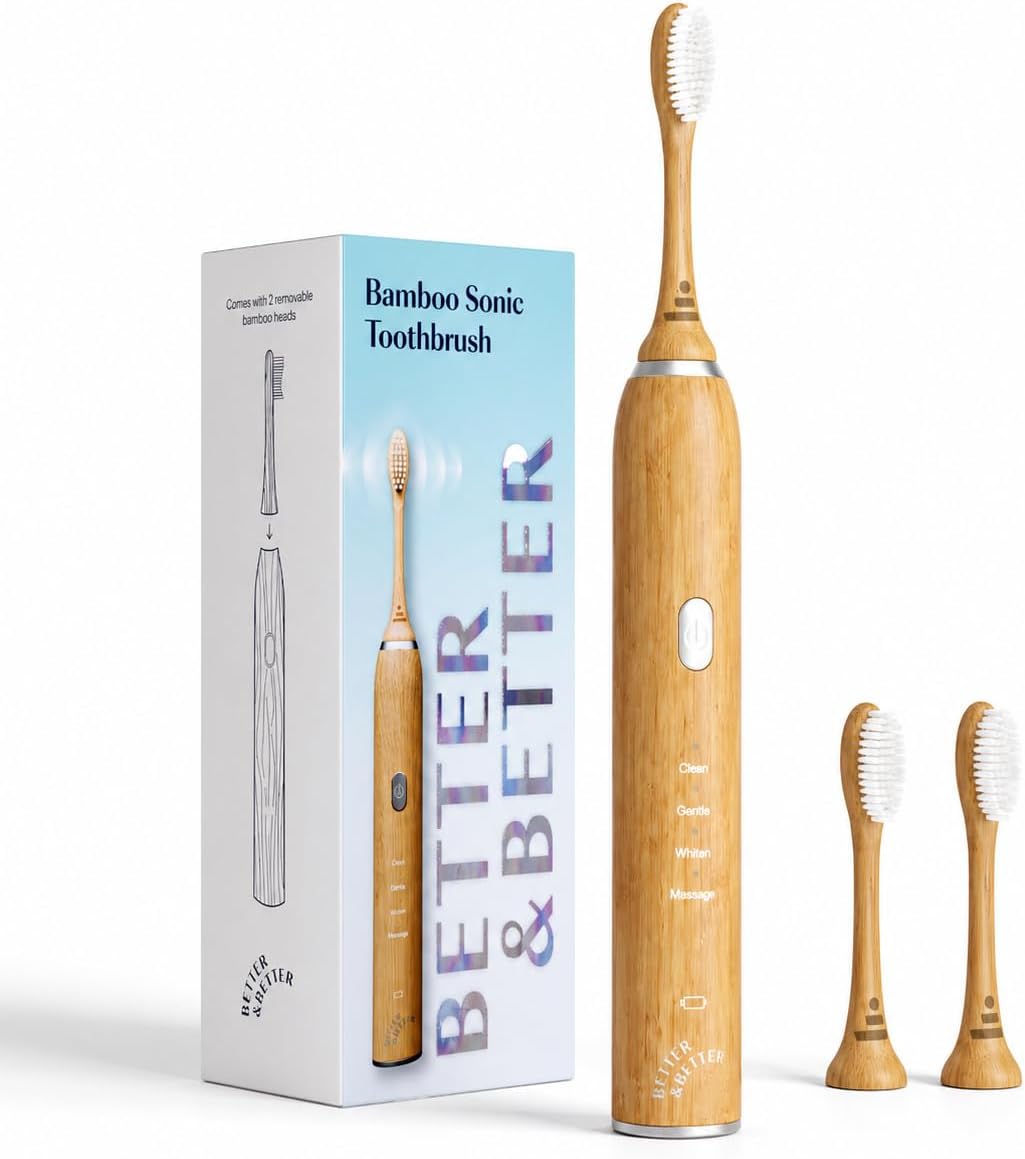 Better & Better Bamboo Sonic Electric Toothbrush | 37,000 VPM | Plant-Based Bristles, No Microplastics | 4 Modes, 2-Min Timer | Rechargeable | Soft, Eco-Friendly | Safe for Braces & Sensitive Gums