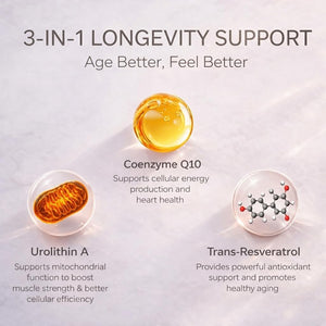 Urolithin A Supplement Gummies 500mg with Trans-Resveratrol, CoQ10 Mitochondrial & Cellular Energy Support for Healthy Aging, Muscle Strength & Longevity Vegan, Non-GMO, 60 Count