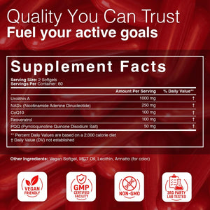 1000mg Urolithin A Supplement with NAD+ CoQ10 Resveratrol PQQ, 120 Softgels | 99% Purity, USA-Made/Lab Tested Longevity Complex for Mitochondrial Support, Cellular Health, Muscle Function, Healthy Aging