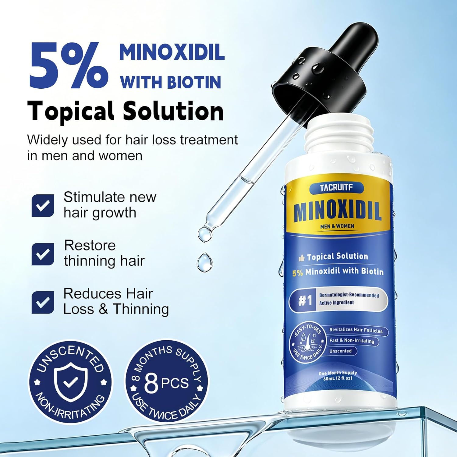 8 Pack 5% Minoxidil Hair Growth Treatment for Men and Women, Extra Strength Minoxidil Liquid Solution for Thicker, Fuller Hair, Beard Growth Serum, Biotin & Castor Oil Enriched,8 Month Supply