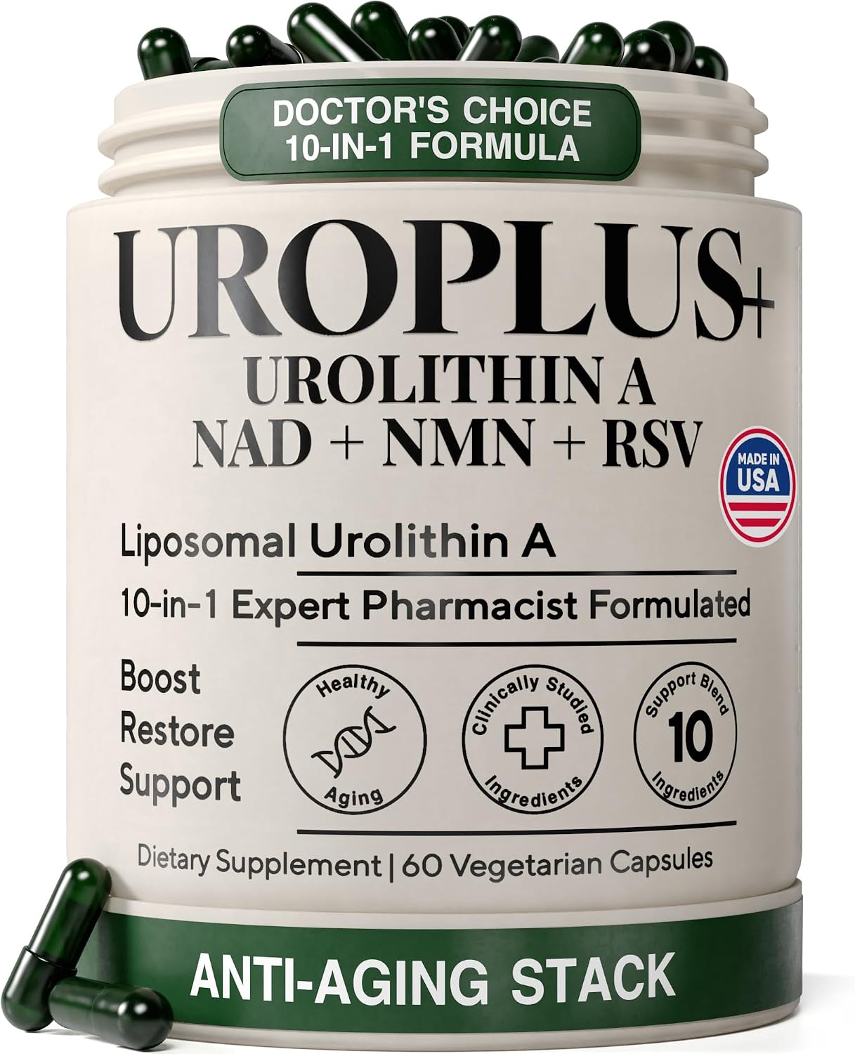 Urolithin A Supplement - 1250mg 10-in-1 Liposomal Complex - NAD+, Nicotinamide Riboside & Resveratrol Mitochondrial, Cellular Energy & Longevity Support, Healthy Aging & Muscle Recovery - 60 Veg Caps