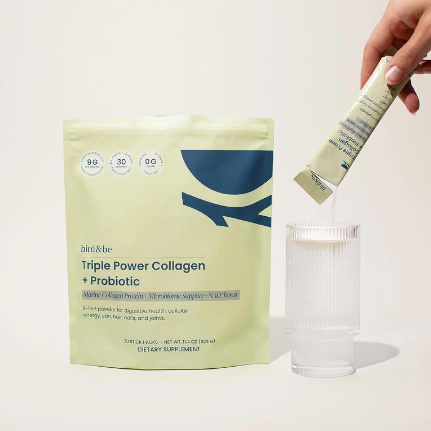 bird&be Triple Power Marine Collagen Powder | Hydrolyzed Peptides + Probiotics + NAD+ Precursor (NR) | Anti-Aging Skin, Hair, Nails & Gut Health & Cellular Energy | Unflavored Stick Packs