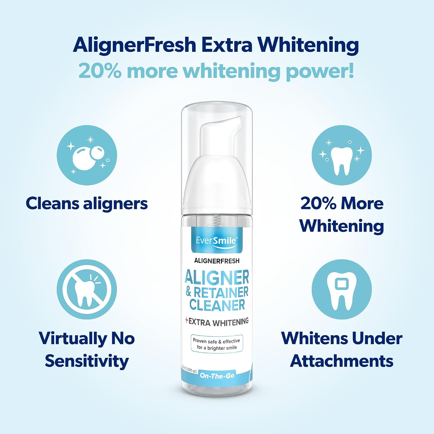 EverSmile AlignerFresh Extra Whitening Foam – Cleaner Compatible w/Invisalign and All Clear Aligners and Retainers – Eliminates Bacteria, Whitens Teeth, Fights Bad Breath – 50ml (1 Pack)