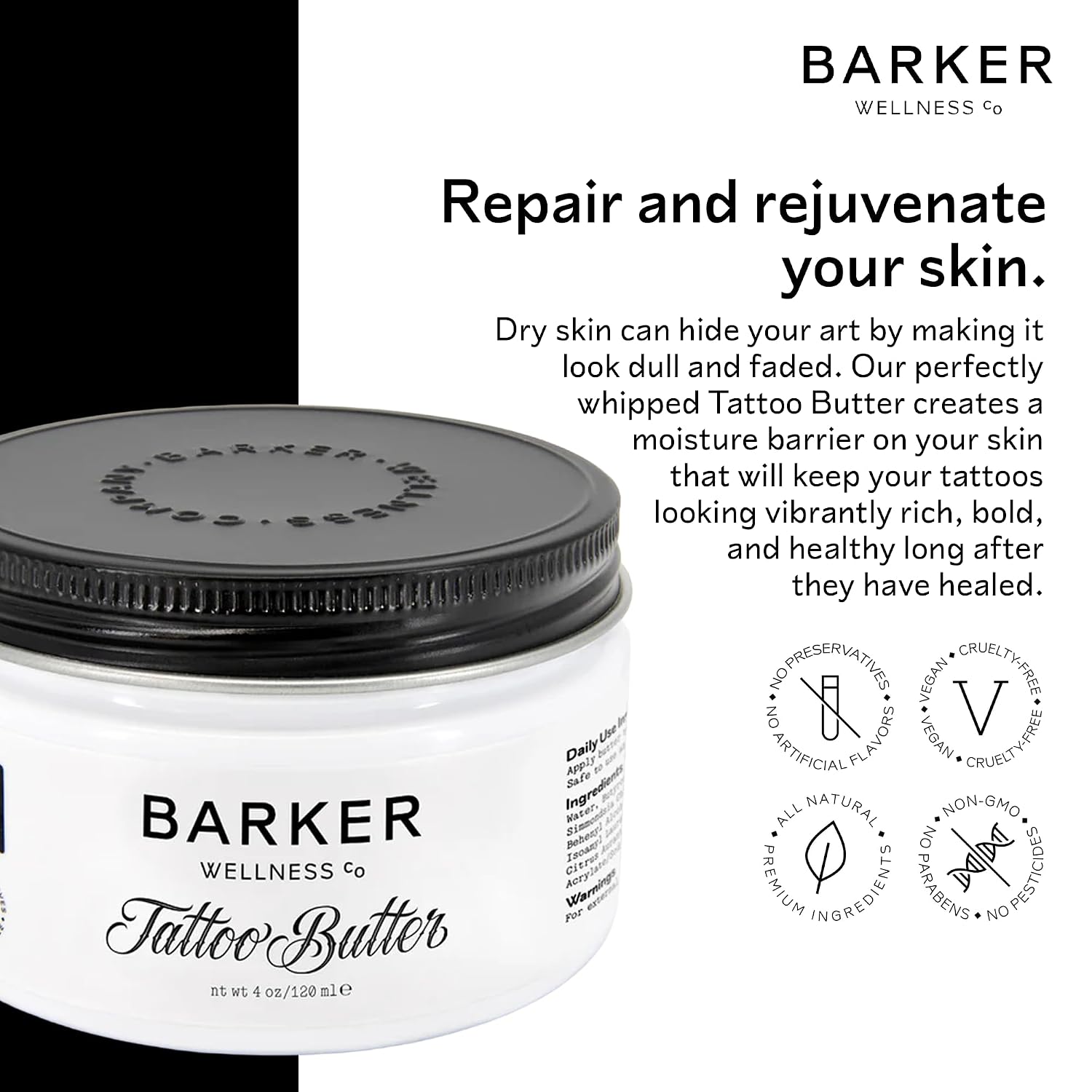Barker Wellness Tattoo Butter for New & Old Ink – Natural Aftercare Balm with Shea Butter, Turmeric & Lavender – Vegan & Cruelty-Free Tattoo Moisturizer for Vibrant, Healthy Skin – 4oz.