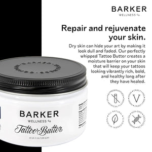 Barker Wellness Tattoo Butter for New & Old Ink – Natural Aftercare Balm with Shea Butter, Turmeric & Lavender – Vegan & Cruelty-Free Tattoo Moisturizer for Vibrant, Healthy Skin – 4oz.