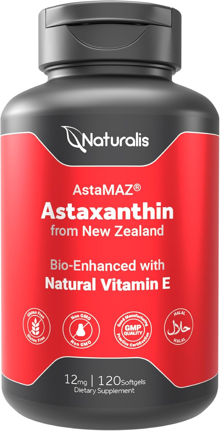 Naturalis New Zealand Astaxanthin (12mg) | Enhanced with Natural Vitamin E | Non-GMO, Soy & Gluten Free | 120 Softgels (4 Month Supply)