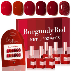 Double Rhythm 6 Pcs 15 ML Gel Polish Set Same Color Same Bottle Soak Off Gel Polish Kit Nail Art Manicure Salon DIY at Home for Women (Jelly Burgundy Red Glitter Silver -T6-56)