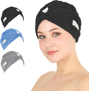 HALLEY Cotton Hair Towel Wrap (3 Packs) Super Absorbent Fast Drying Turbans for Thick, Wet Hair with Button (Black, Grey, Pink)