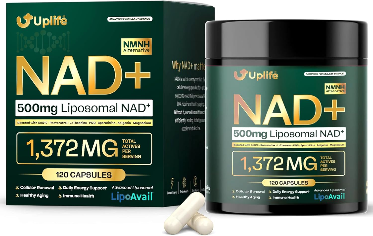 UPLIFE NAD+ Supplement 1,372mg Liposomal NAD+ with CoQ10, Resveratrol, Spermidine, L-Theanine, Apigenin & PQQ NMNH Alternative Booster for Cellular Energy, Healthy Aging, Immune Health 120 Capsules