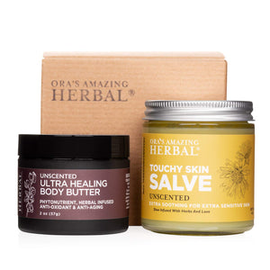 Ora's Amazing Herbal Unscented Moisturizer Travel Set, Touchy Skin Salve, Unscented Body Butter & Body Oil Set, Travel Size, Eczema and Senstivie Skin