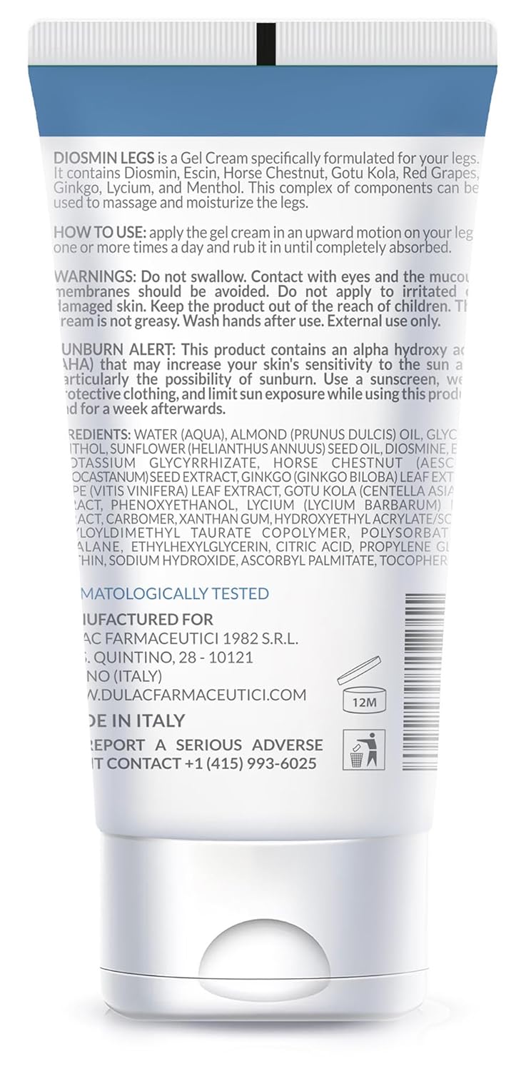Dulac, Diosmin Legs Gel Cream, Cooling & Refreshing, with Diosmin & Menthol, Horse Chestnut Extract, Butcher's Broom & Red Vine, Fast-Absorbing, Non-Greasy, Daily Leg Care, 5.07 fl oz, Made in Italy