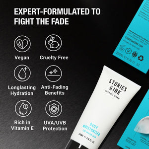 Stories & Ink Daily Moisturizer for Healed Tattoos, Anti Fade Body Lotion with UVA and UVB Filters, Hydrates and Helps Prevent Tattoo Fading, Vegan Tattoo Care, 6.8 Fl Oz / 200ml