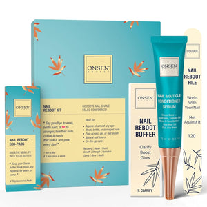 Onsen Secret Complete Nail Reboot Kit w/Cuticle Oil 10ml, Nail File 120/180 Grit Double Sided, A 3-Way Buffer Block & Cuticle Serum-15ml in Action | Super Value Pack