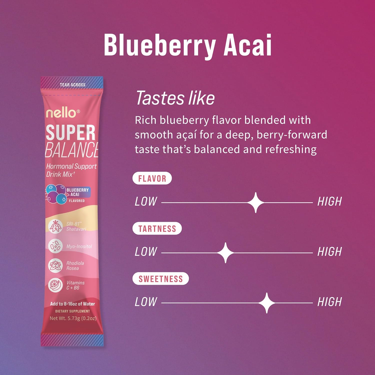 Nello Superbalance Hormonal Support Drink Mix, SRI-81 Shatavari, Myo-Inositol, Rhodiola Rosea, Vitamin C, Magnesium, Theobromine (20 Servings, Blueberry Acai)
