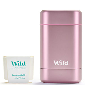 Wild Aluminum Free Deodorant for Women Starter Kit - Refillable Stick Deodorant with Pink Applicator Case & Fresh Cotton and Sea Salt Scented Refill (1.4oz) - Long Lasting Protection - Vegan Friendly