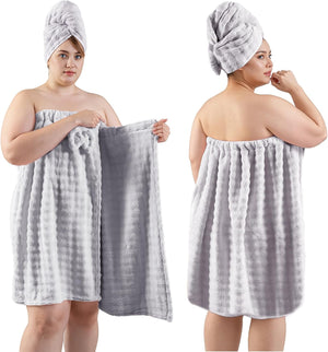REDKISS Blue Towel Wrap for Women, XL Spa Shower Wrap with Hair Towel, Super Absorbent Bath Towels Robe for Body, Adjustable Microfiber Plush Bathrobe for Girls, Warmth Velcro Plus Size Wraps Towels