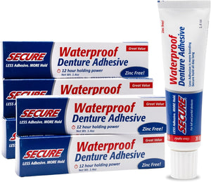Secure Sensitive Denture Adhesive Cream, Zinc Free Glue, 1.4 oz, 4 Pack | Aloe Vera & Myrrh to Nourish Your Gums - Uppers, Lowers & Partials - Waterproof & Zinc Free - Less Adhesive, More Hold