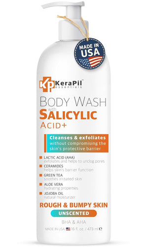 Salicylic Acid Body Wash - Skin Non-drying, Gentle Exfoliates Rough and Bumpy Skin, Body Acne Wash, BHA & AHA - Unscented Exfoliating Body Wash, Made in USA - (16 fl oz x 2)
