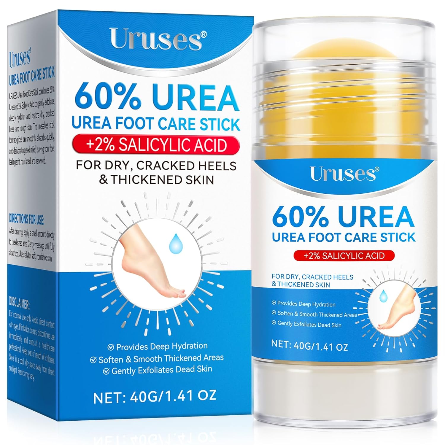 Uruses Urea Cream 60% plus Salicylic Acid 2% Urea Foot Care Stick, Foot Cream for Foot Callus Remover, Feet Moisturizer Stick for Dry Cracked Heels, Hands, Knees, Hydrating Heel Balm, Easy To Use