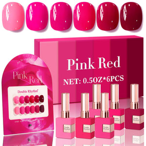 Double Rhythm 6 Pcs 15 ML Gel Polish Set Same Color Same Bottle Soak Off Gel Polish Kit Nail Art Manicure Salon DIY at Home for Women (Jelly Burgundy Red Glitter Silver -T6-56)