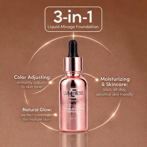 LUMINESS Liquid Mirage Color Changing Foundation for Mature Skin, Skincare-Infused Makeup with Hyaluronic Acid & Vitamin E, Hydrating Liquid Foundation & Concealer Hybrid, Hypoallergenic (Medium)