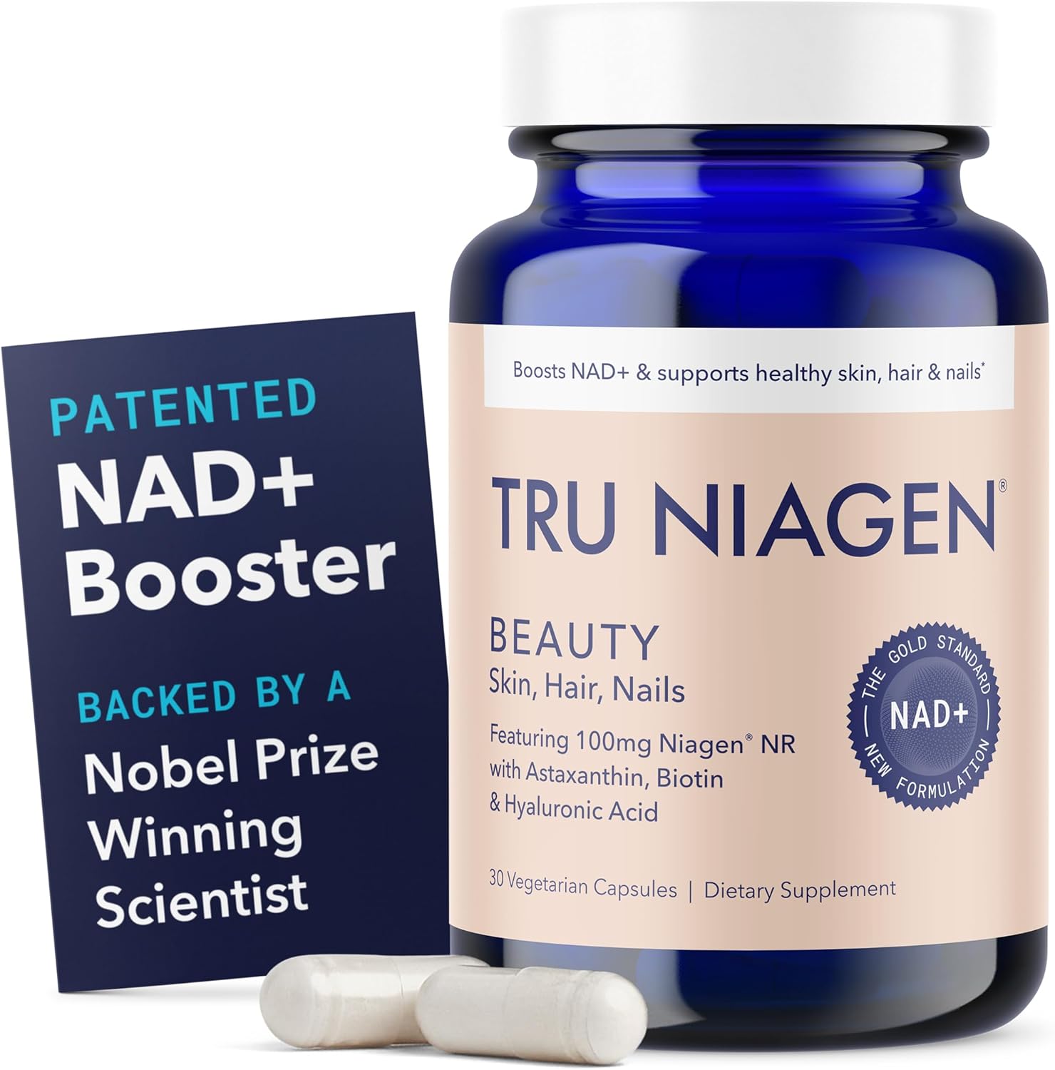 TRU NIAGEN Beauty NAD+ Supplement, Hair, Skin & Nails, Biotin, 30-Count | Beauty from within: Patented Niagen NR with Biotin, Astaxanthin & Hyaluronic Acid for hair, skin, nails and healthy aging.