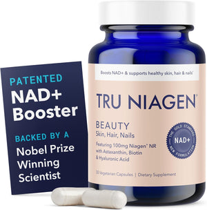 TRU NIAGEN Beauty NAD+ Supplement, Hair, Skin & Nails, Biotin, 30-Count | Beauty from within: Patented Niagen NR with Biotin, Astaxanthin & Hyaluronic Acid for hair, skin, nails and healthy aging.