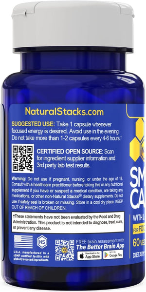 NATURAL STACKS Smart Caffeine Pills - 100mg Caffeine + 200mg L-Theanine Supplement - Supports Energy and Focus - No Jitters and No Crash - 60 Capsules