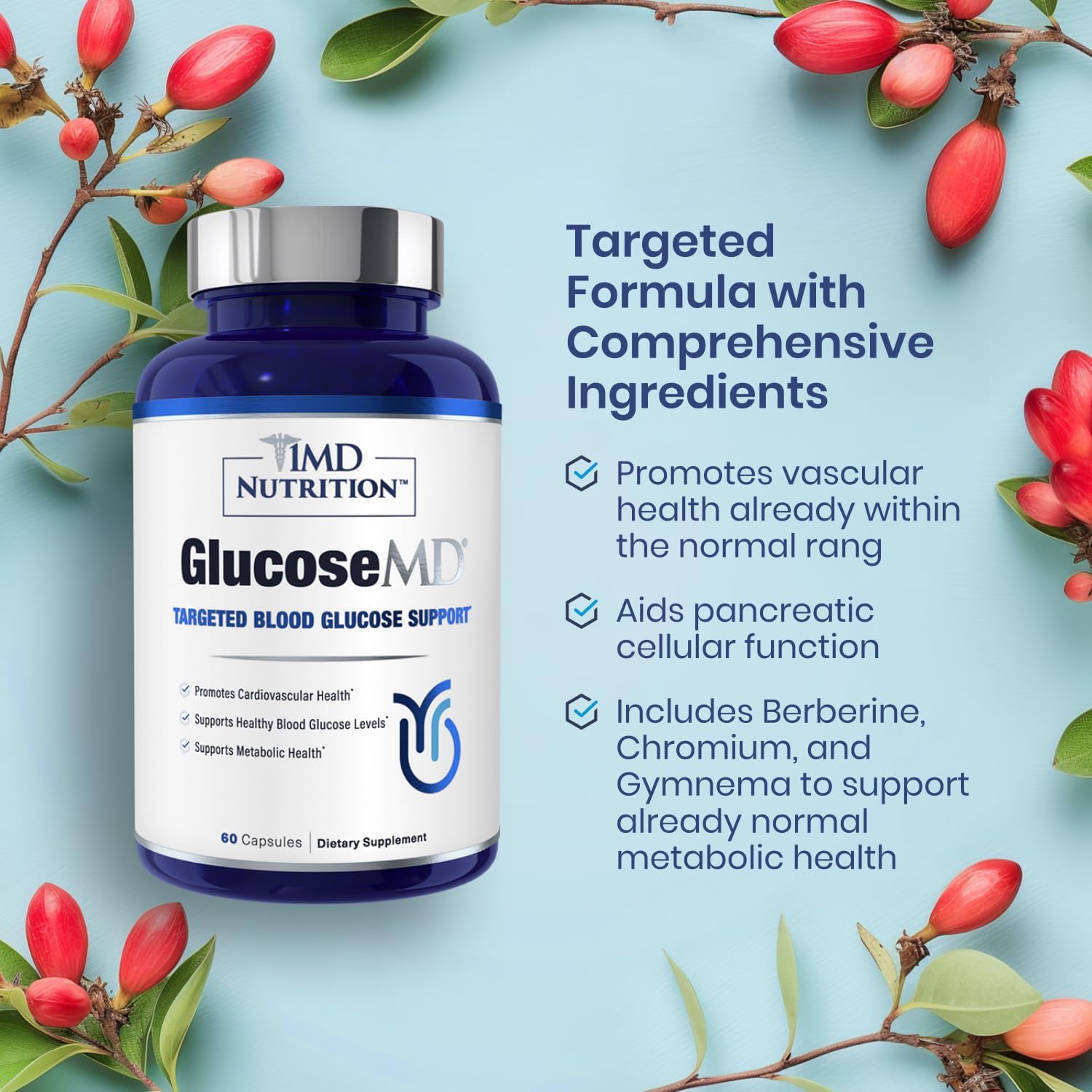 1MD Nutrition - Cinnamon bark 10:1 Water Extract, Chromium, Neem Leaf, Berberine, Cayenne Pepper 5:1 Extract, Lion's Mane, Gymnema Leaf and Stem - 60 Capsules