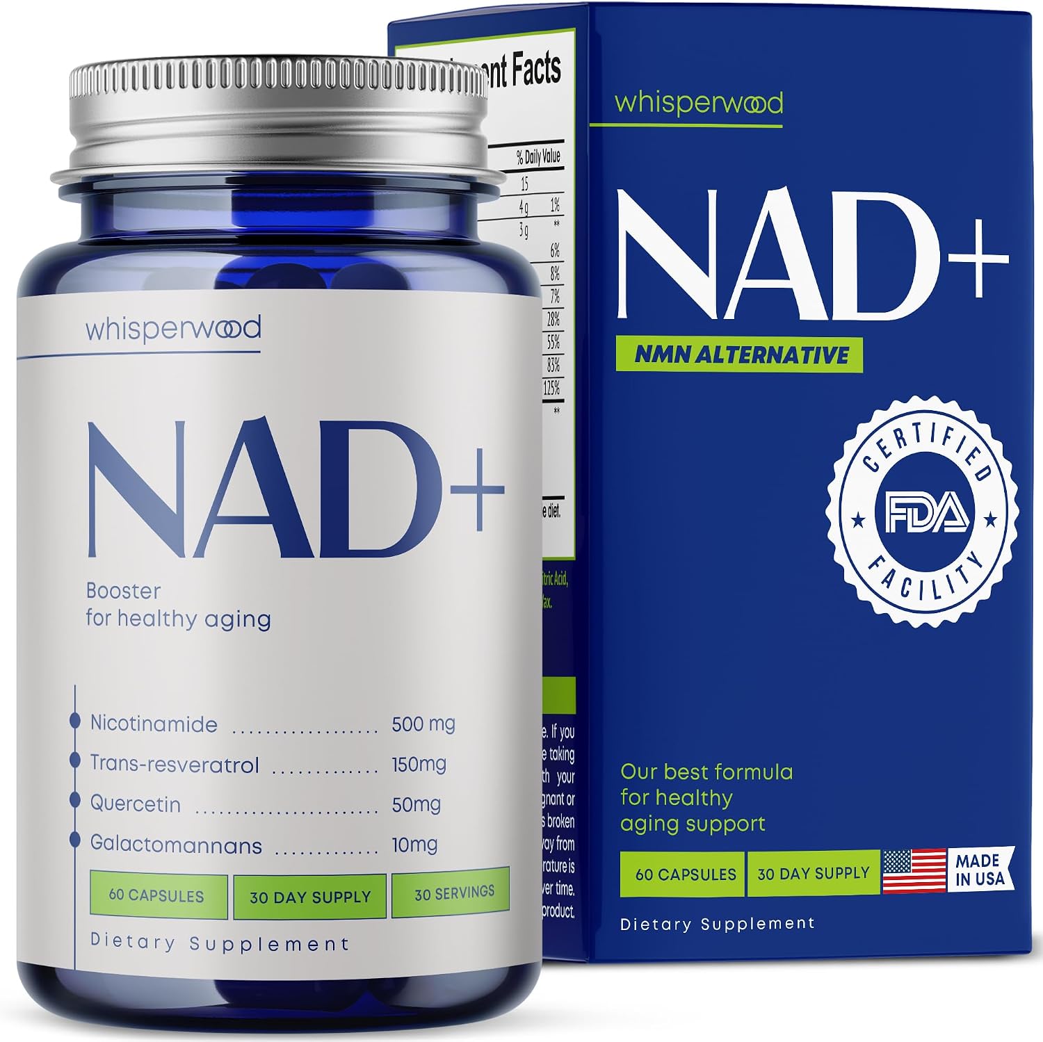 NAD+ Supplement with Nicotinamide Riboside, Trans Resveratrol & Quercetin – NAD Plus Complex for Energy, Brain & Mitochondrial Support – Antioxidant and Longevity Formula for Women & Men – 60 capsules