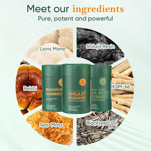 Bundle of Shilajit, Sea Moss & Mushroom Gummies with Lions Mane, Reishi, Cordyceps, Ashwagandha, 75%+ Fulvic Acid, 92+ Minerals All in 1 Supplements (1 Pack)