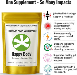 Organic Sulfur Crystals | 99.9% Pure MSM | Joints, Hair & Skin | 1 Pack | Organic Sulfur Crystals | 99.9% Pure MSM | Joints, Recovery, Hair, Skin & Much More | 100% Additive-Free | By Happy Body™