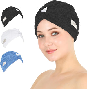 HALLEY Cotton Hair Towel Wrap (3 Packs) Super Absorbent Fast Drying Turbans for Thick, Wet Hair with Button (Black, Grey, Pink)